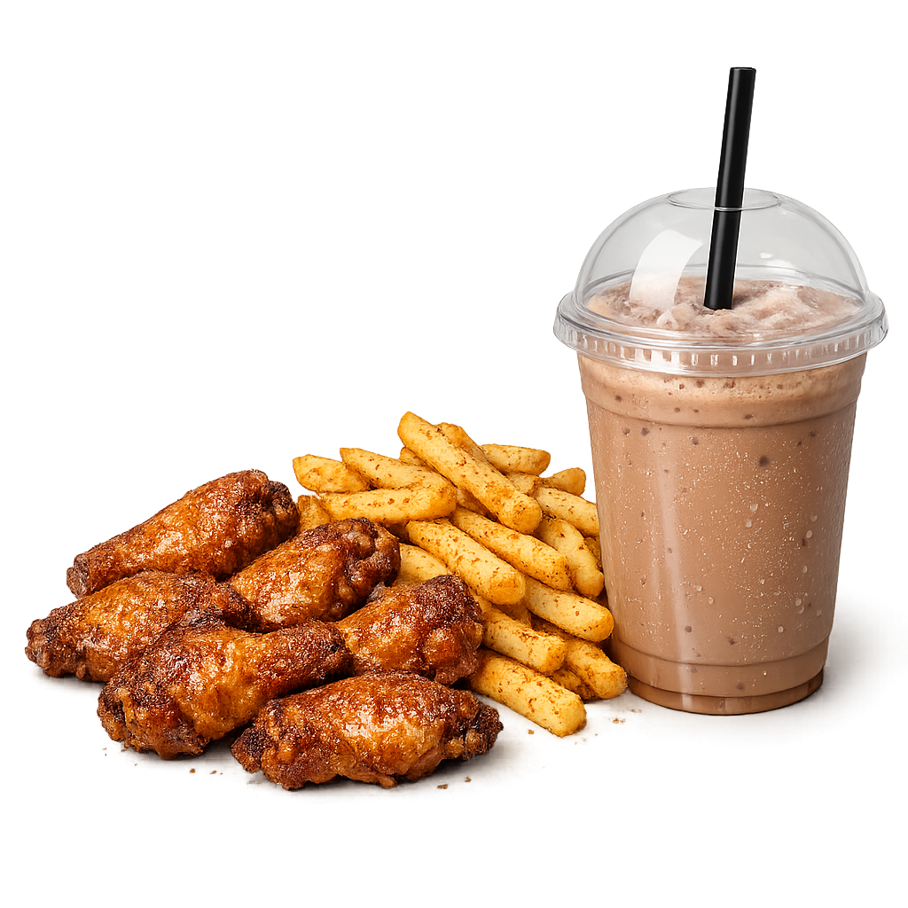6 Wings – Seasoned Fries + Milkshake