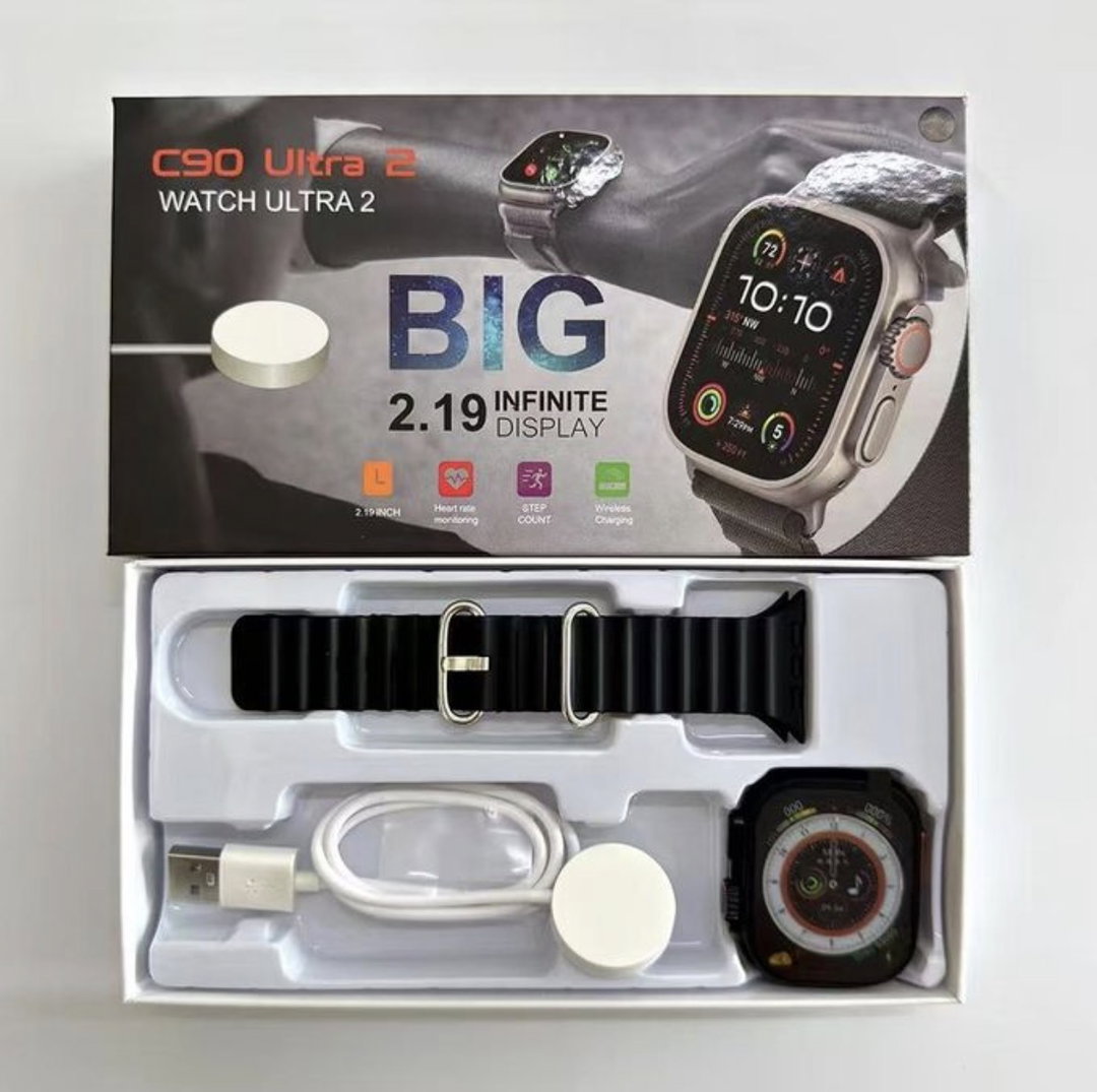 C90 Ultra Bluetooth Smartwatch Wireless Charge Fitness lOS Android Phone Call - Black