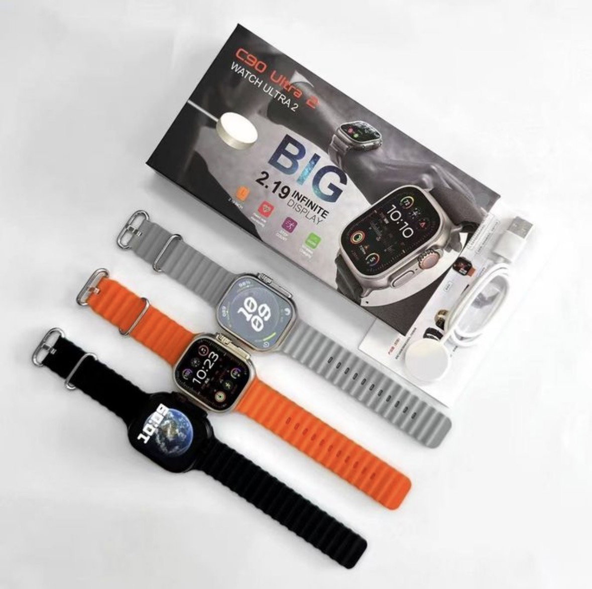 C90 Ultra Bluetooth Smartwatch Wireless Charge Fitness lOS Android Phone Call - Black _3