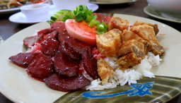BBQ Pork with Rice, Sausage, Egg, Cassava, Salad