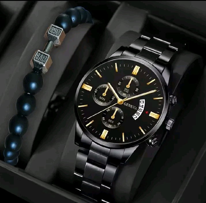 2PCS Men's Fashion Classic Mens Watches Versatile Trend Business Calendar Quartz Watch Alloy Bracelet_1
