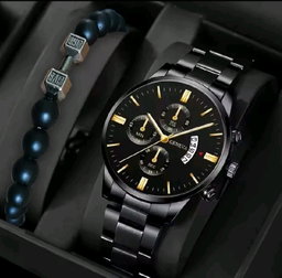 2PCS Men's Fashion Classic Mens Watches Versatile Trend Business Calendar Quartz Watch Alloy Bracelet