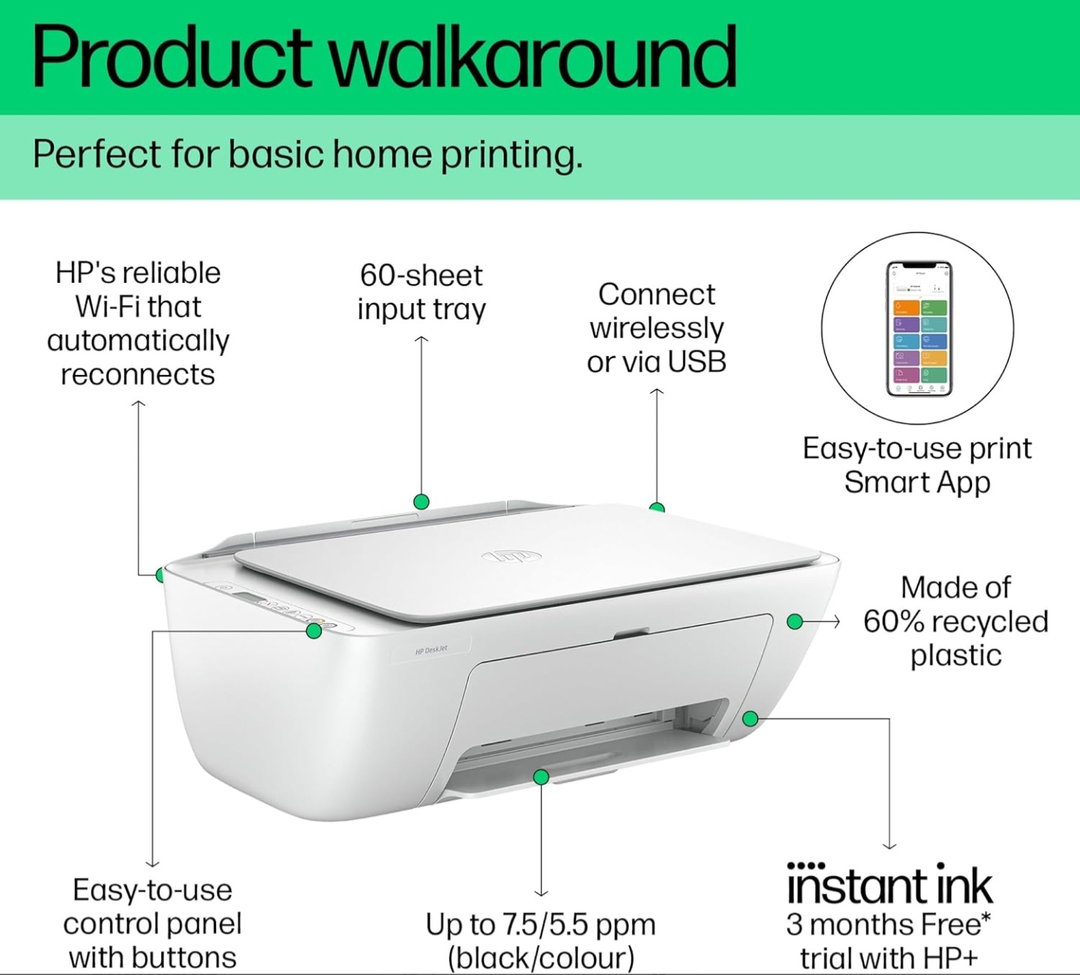 HP DeskJet 2810e All in One Printer I 'erfect for Home | Colour Wireless Print, Scan & Copy | 3 Months of free Instant Ink | Easy Setup & Reliable Wi-Fi White