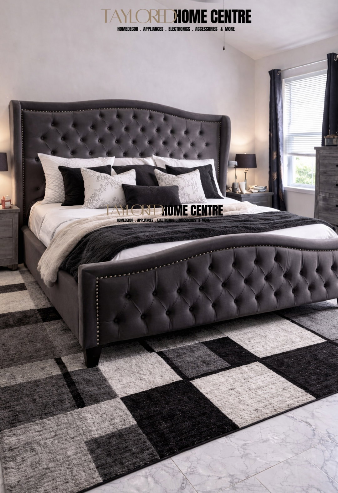 Jennifer Taylor Home Marcella Upholstered Shelter Headboard Bed Set, King,Queen Sky Neutral Beige & Silver Grey Polyester