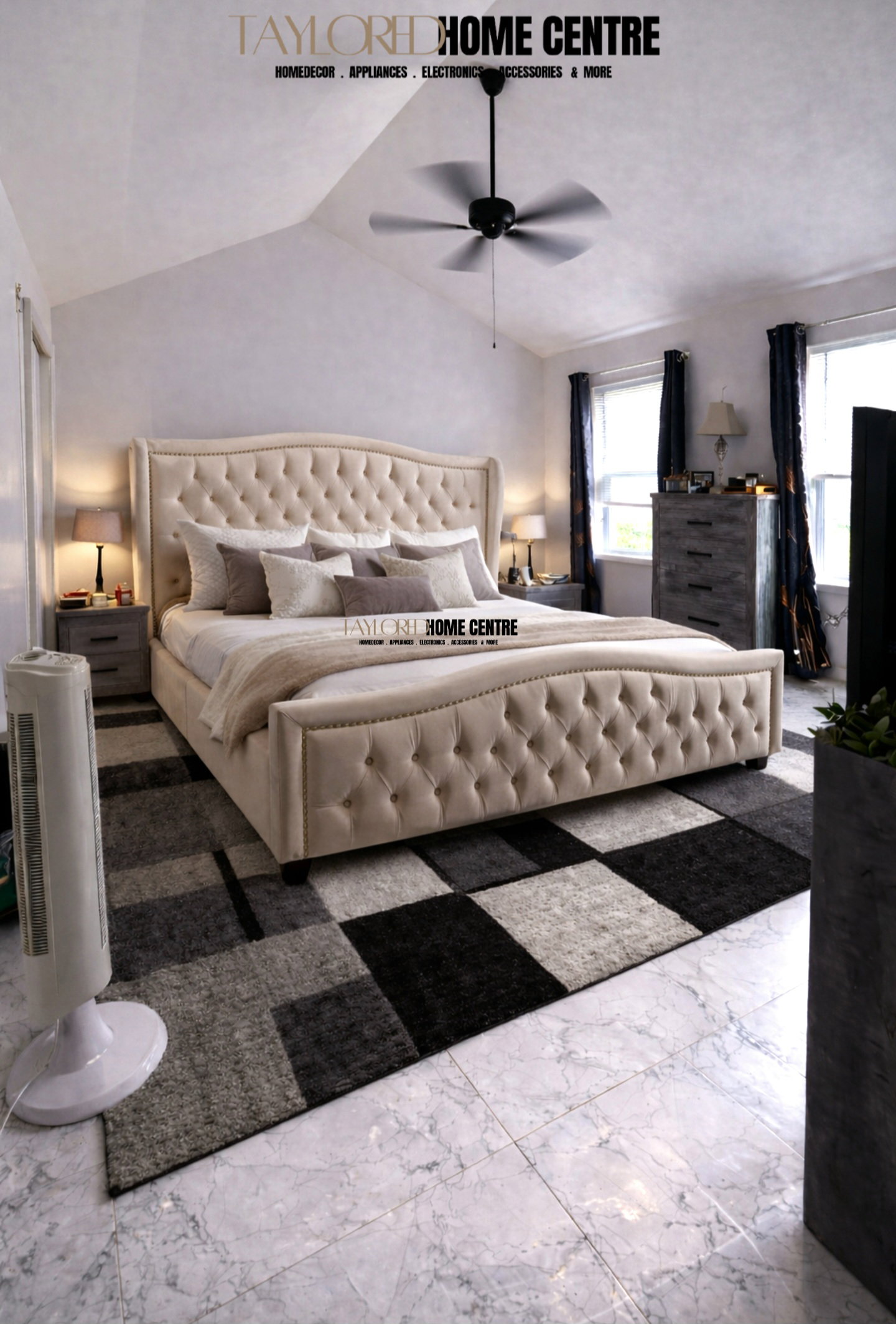  Jennifer Taylor Home  Marcella Upholstered Shelter Headboard Bed Set, King,Queen Sky Neutral Beige & Silver Grey Polyester_13