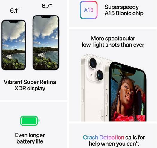Apple iPhone 14, 6.1" Super Retina XDR Display, A15 Bionic Chip, 128GB Storage, 5G / Wifi Network, iOS 16, 12 + 12 / 12 MP Camera, Face ID, International Version_2