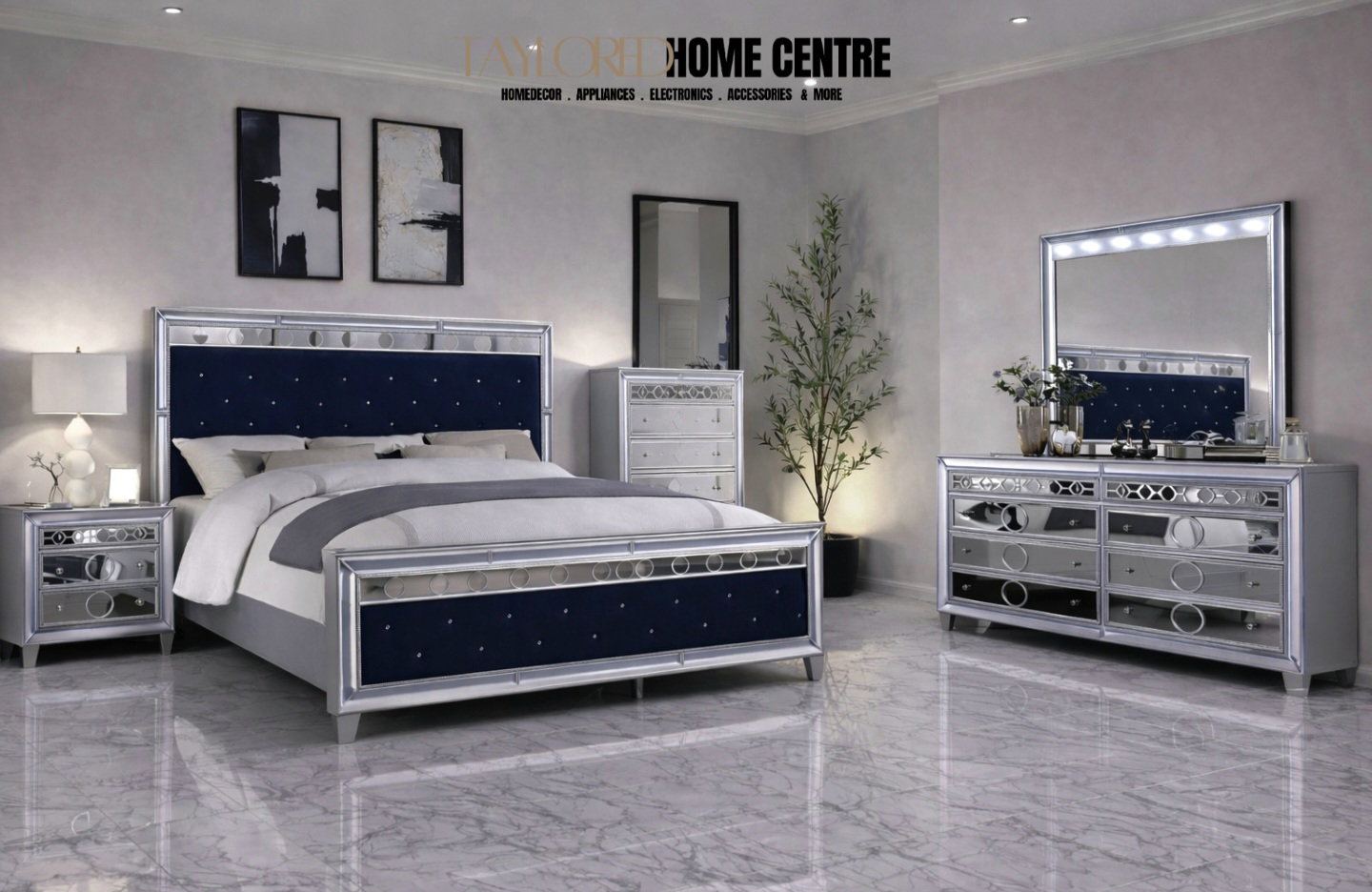 Mairead - 4 Piece King Bedroom Set - Silver / Navy