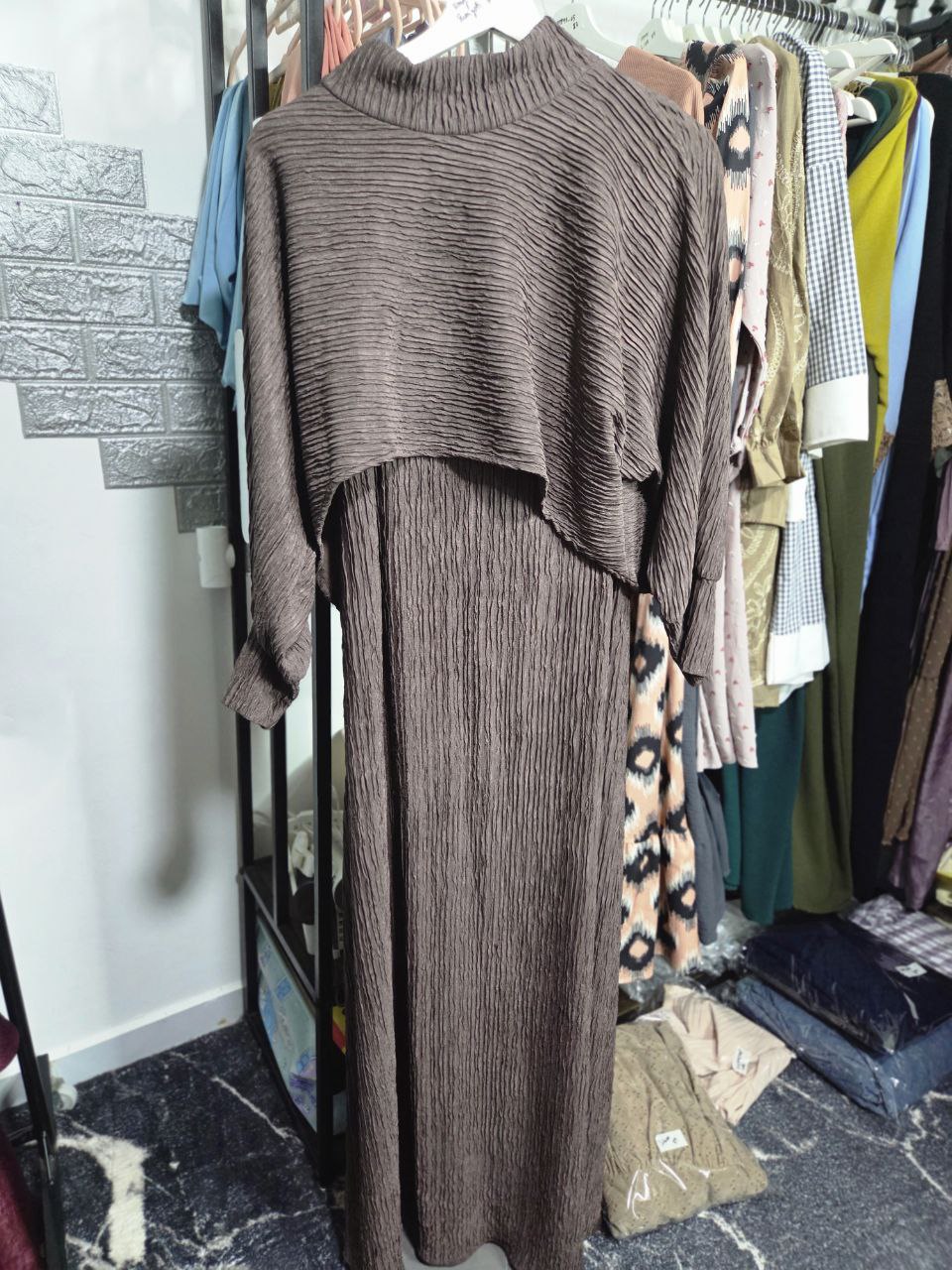 PL Pleated Brown 2 Pc Dress