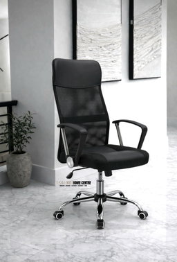 Comfortable mesh office chair: swivel, with armrests, headrest & S-backrest. Height-adjustable, black ergonomic swivel chair with castors