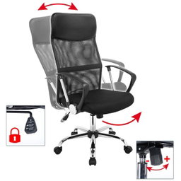 Comfortable mesh office chair: swivel, with armrests, headrest & S-backrest. Height-adjustable, black ergonomic swivel chair with castors