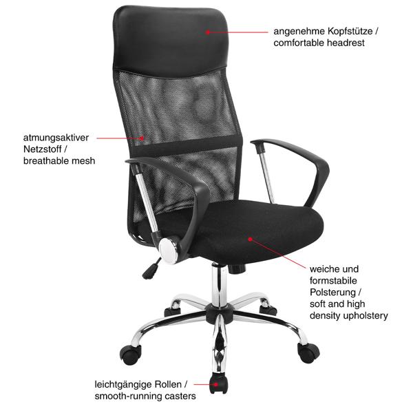Comfortable mesh office chair: swivel, with armrests, headrest & S-backrest. Height-adjustable, black ergonomic swivel chair with castors_1