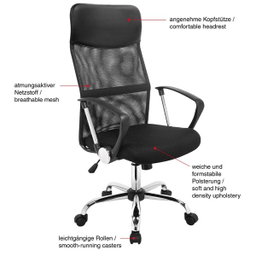 Comfortable mesh office chair: swivel, with armrests, headrest & S-backrest. Height-adjustable, black ergonomic swivel chair with castors