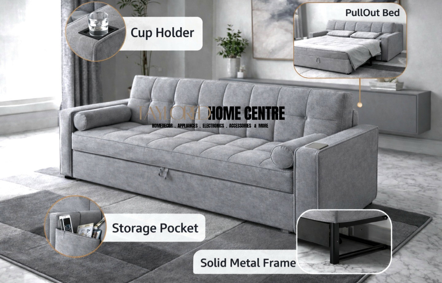 3 seater Sofa, With Pull Out Bed And Cup Holder_4