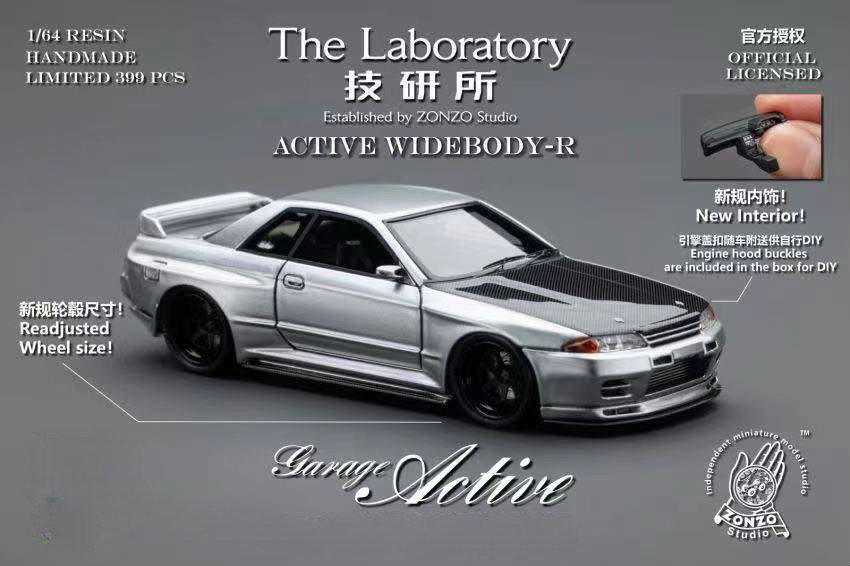 THE LABORATORY ZONZO MODEL 1/64 R32 GARAGE ACTIVE WIDEBODY - TITANIUM SILVER CARBON HOOD