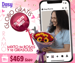 Mixto 24 rosas y 10 girasoles