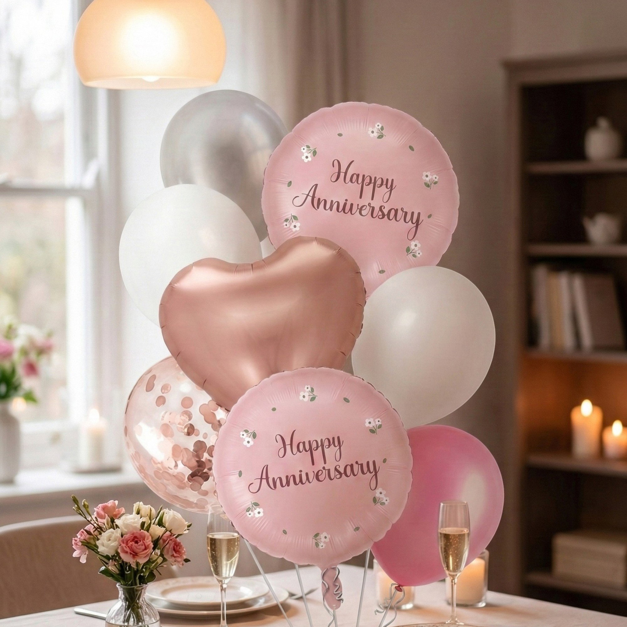 Happy Anniversary Balloon Decoration - Premium Rose Gold, Pink, and Silver Balloon Bouquet _0