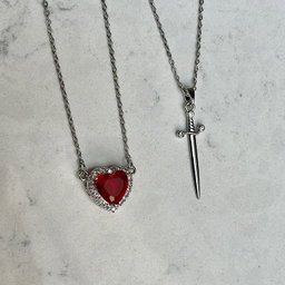 Collier Couple, Coeur et Épée Argenté 