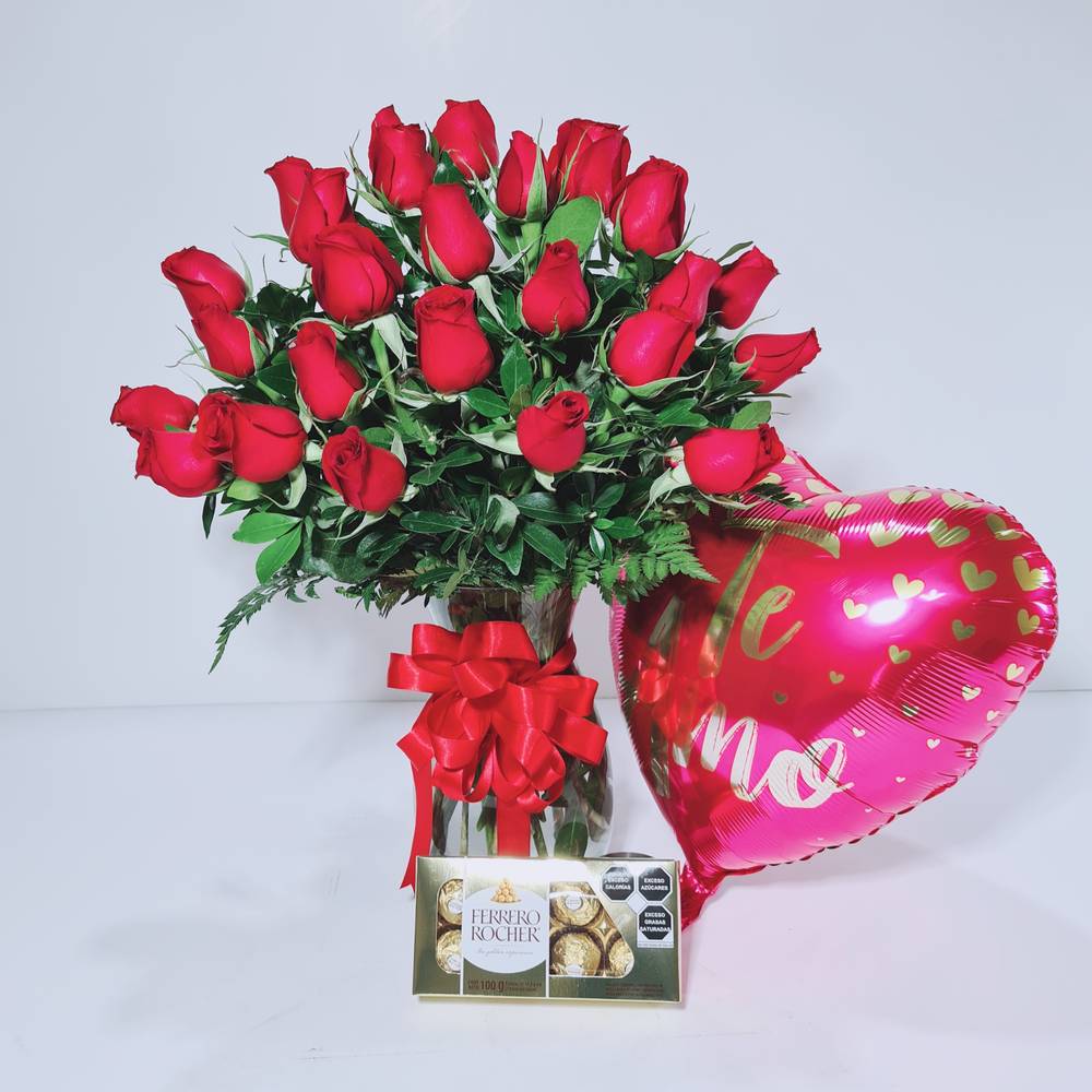 Combo de 24 rosas rojas, chocolates y globo_0