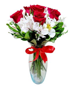 Florero de 6 rosas con astromelias