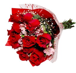 Ramo de 12 rosas rojas y demás flores envueltas en papel