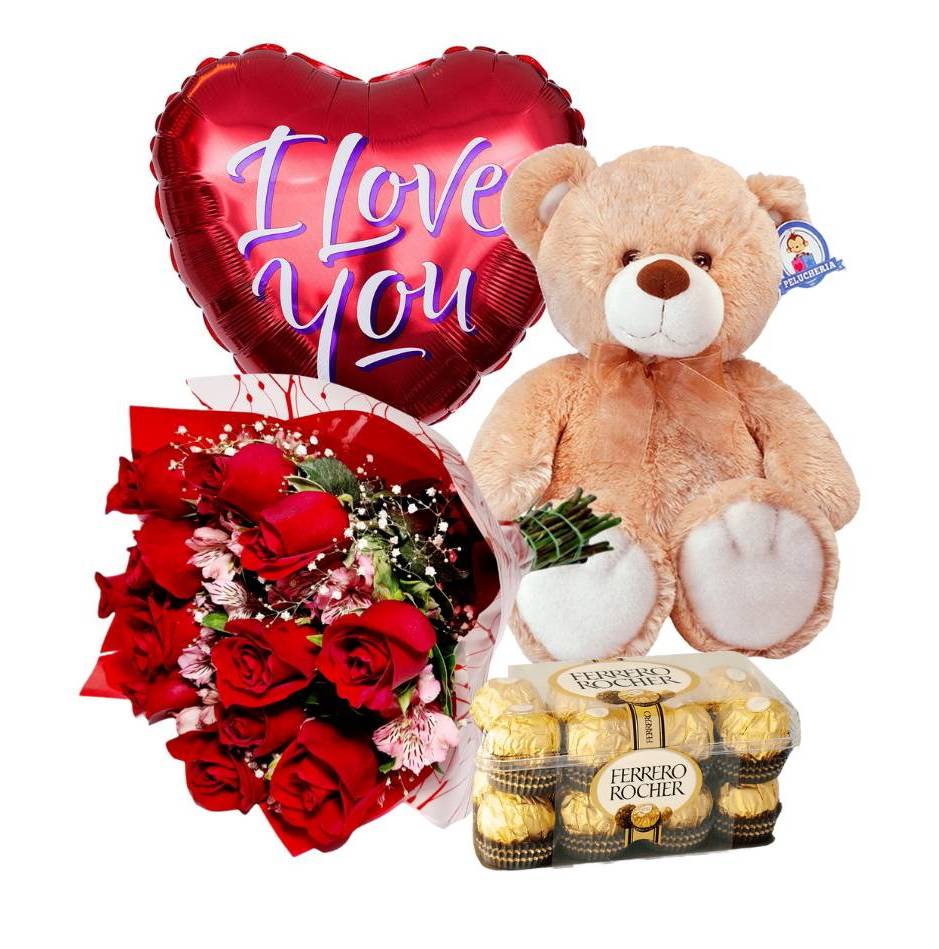 Ramo de 12 rosas, chocolates, oso y globo_0