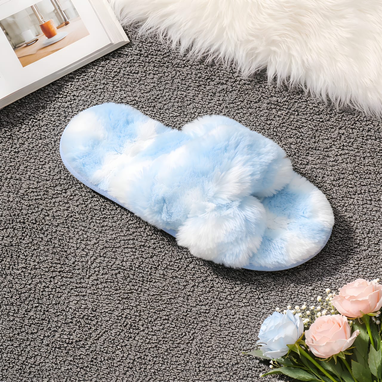 Ladies Two Tone Crossover Fluffy Slider - Blue_0