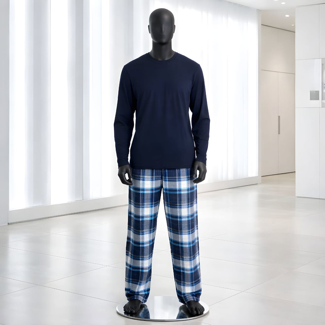 Men Jersey Long Sleeve & Woven Check Lounge Pant Set Navy Check