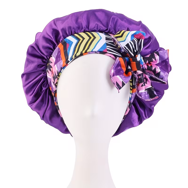 Ethnic Print Long Ribbon Satin Sleep Cap, Bow Tie Headscarf Hat, Chemotherapy Cap, Beauty and Hairdressing Hat_2