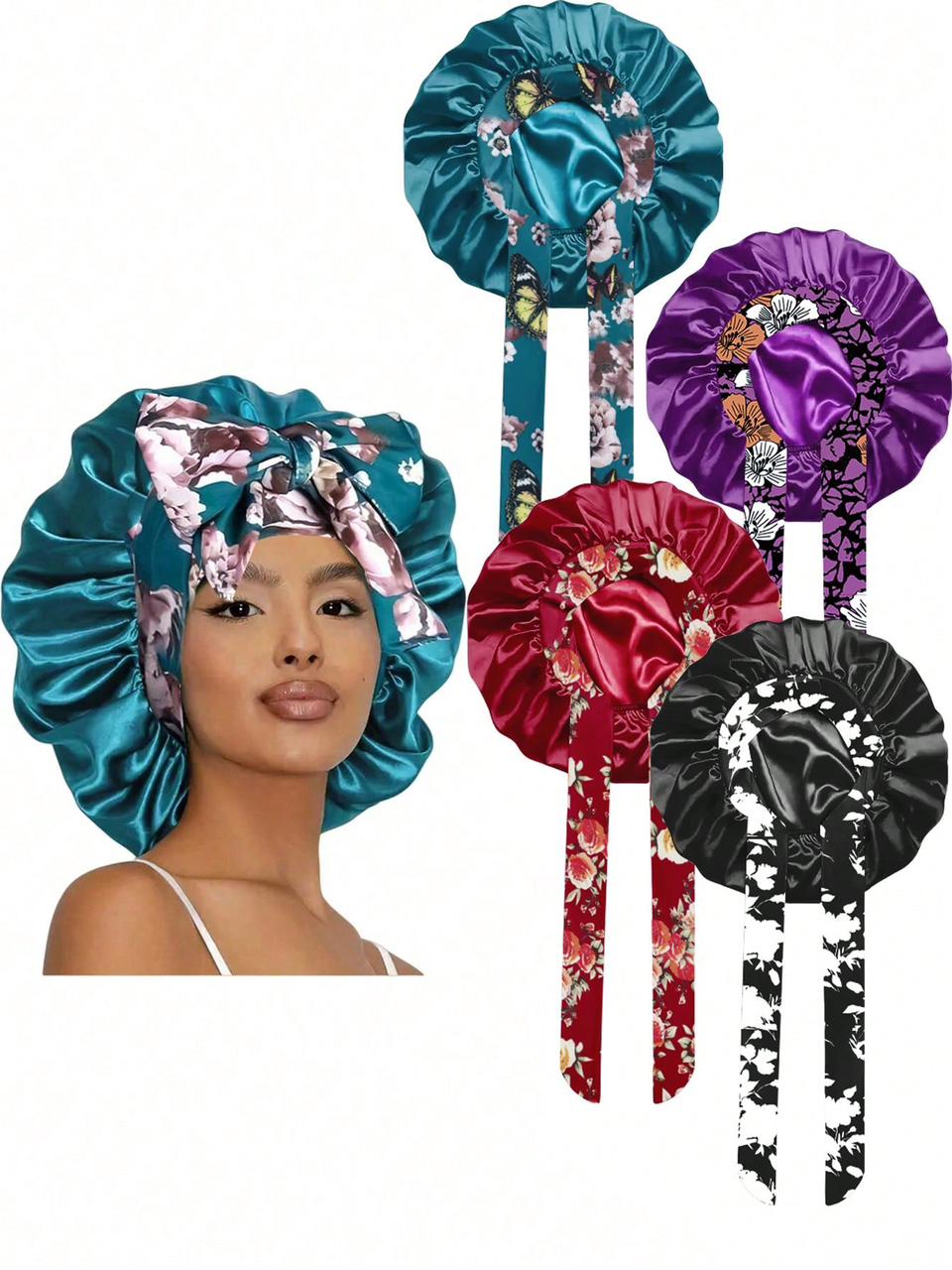 Ethnic Print Long Ribbon Satin Sleep Cap, Bow Tie Headscarf Hat, Chemotherapy Cap, Beauty and Hairdressing Hat_0
