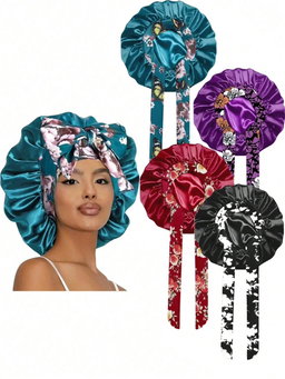 Ethnic Print Long Ribbon Satin Sleep Cap, Bow Tie Headscarf Hat, Chemotherapy Cap, Beauty and Hairdressing Hat