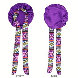 Ethnic Print Long Ribbon Satin Sleep Cap, Bow Tie Headscarf Hat, Chemotherapy Cap, Beauty and Hairdressing Hat