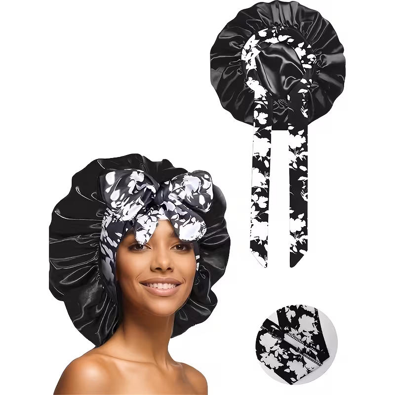 Ethnic Print Long Ribbon Satin Sleep Cap, Bow Tie Headscarf Hat, Chemotherapy Cap, Beauty and Hairdressing Hat_4