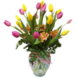 Arreglo de tulipanes amarillos y rosas 20 piezas