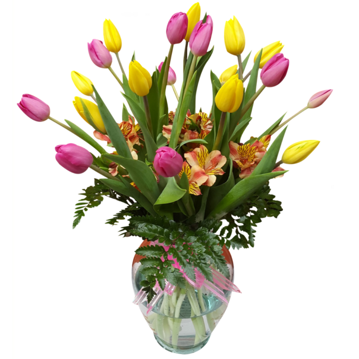 Arreglo de tulipanes amarillos y rosas 20 piezas