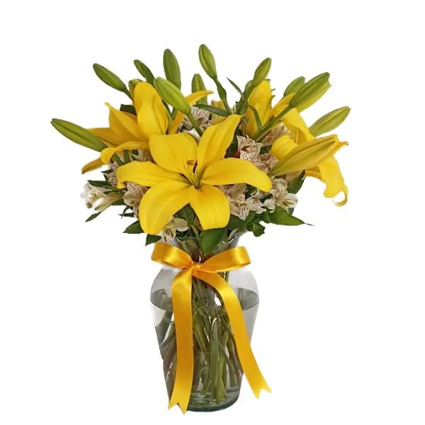 🌼 Lilis Amarilla | Florero con 5 Lilis y Astromelias