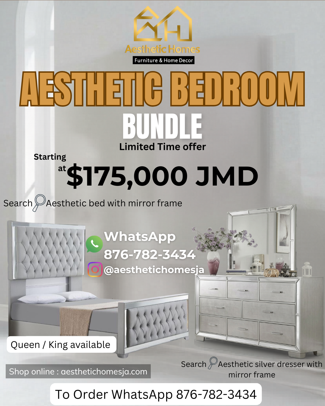 Aesthetic Bedroom Bundle Silver Bed frame + Dresser 