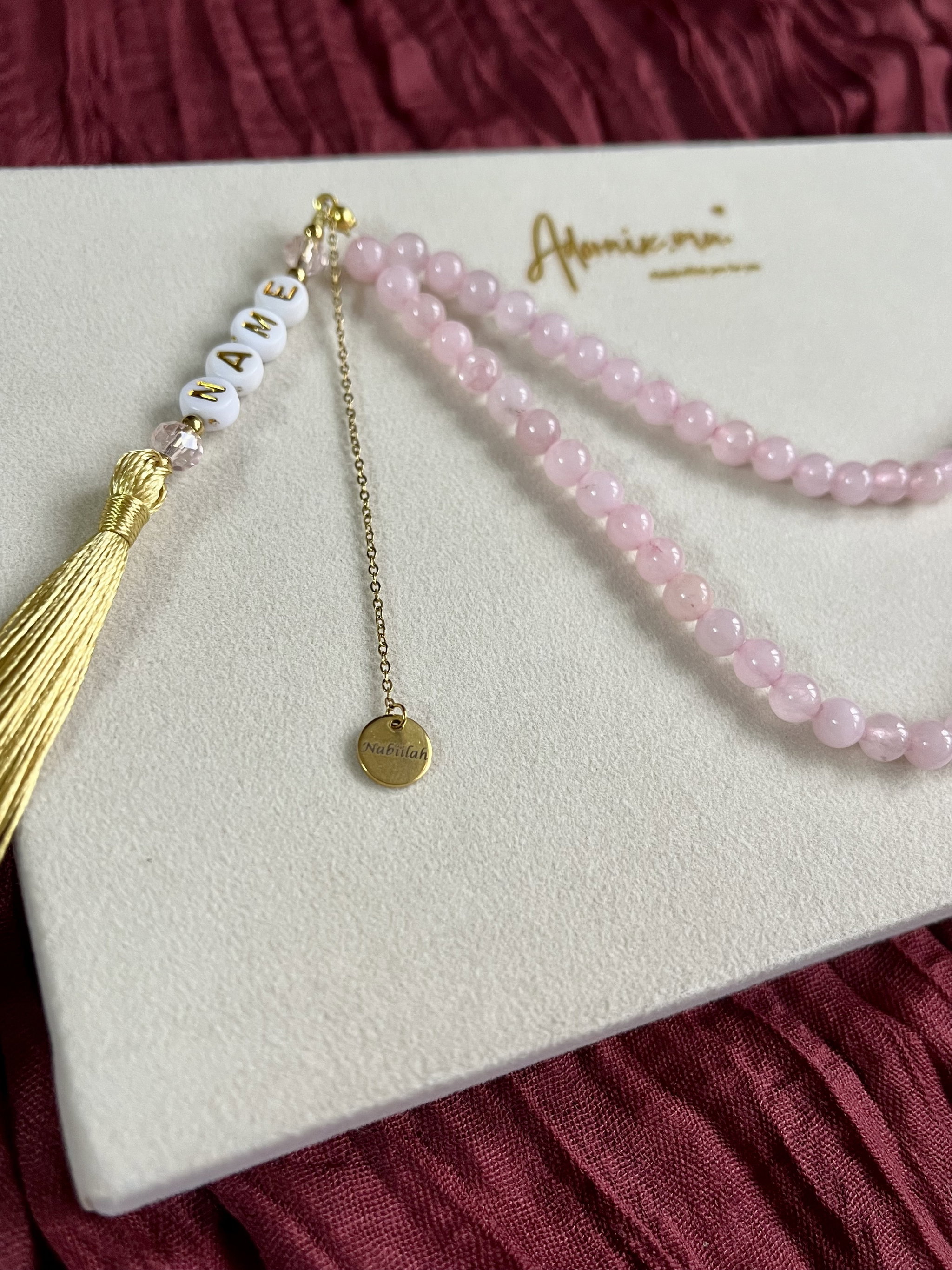 Rose Quartz Tasbih - 99 Beads with Name Engraving_1