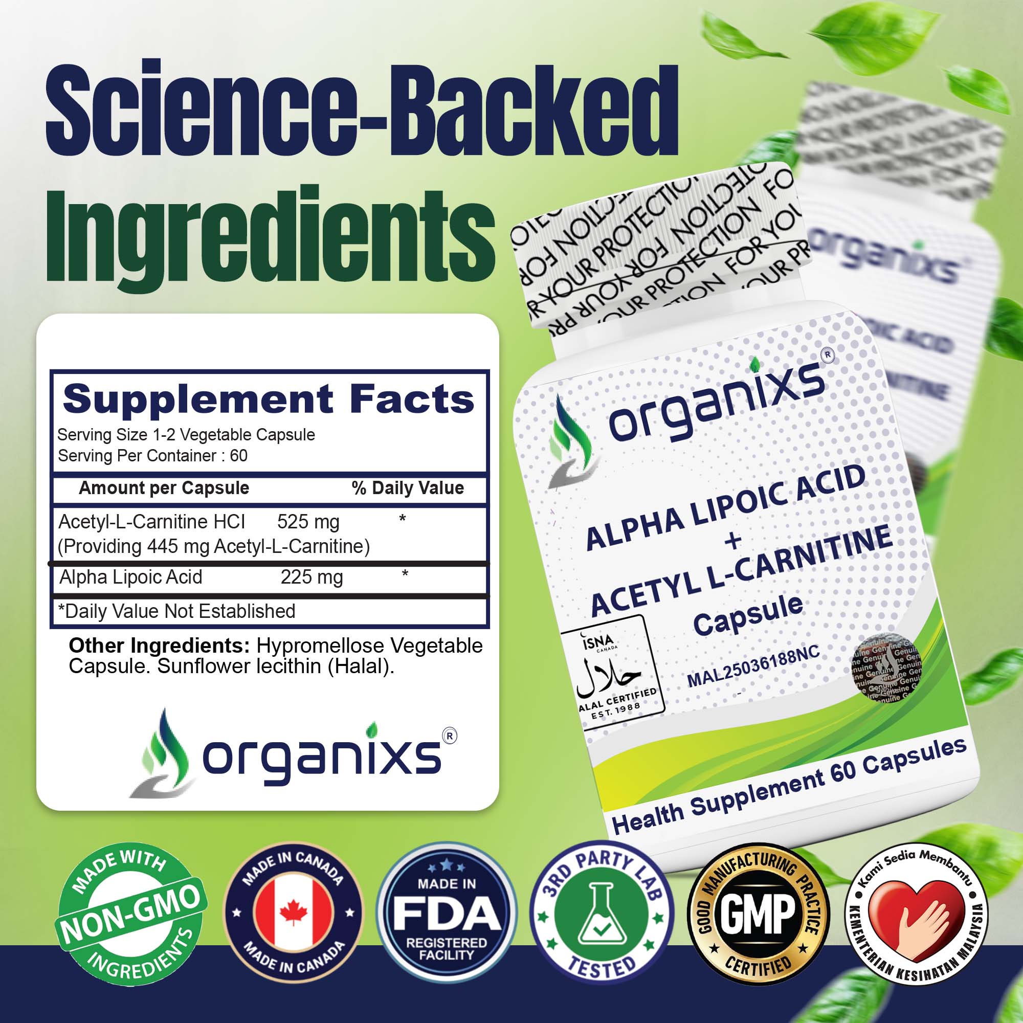 [CND] Organixs Alpha Lipoic Acid 225mg + Acetyl L-Carnitine 525mg (ALCAR) Brain Health Supplement | Halal | Plant-Based | 60 Capsules_2