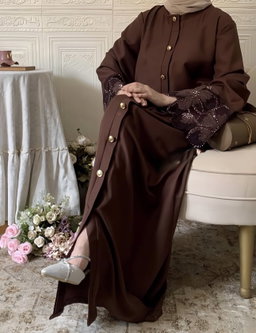 Seraphina Buttoned Lace Abaya Brown