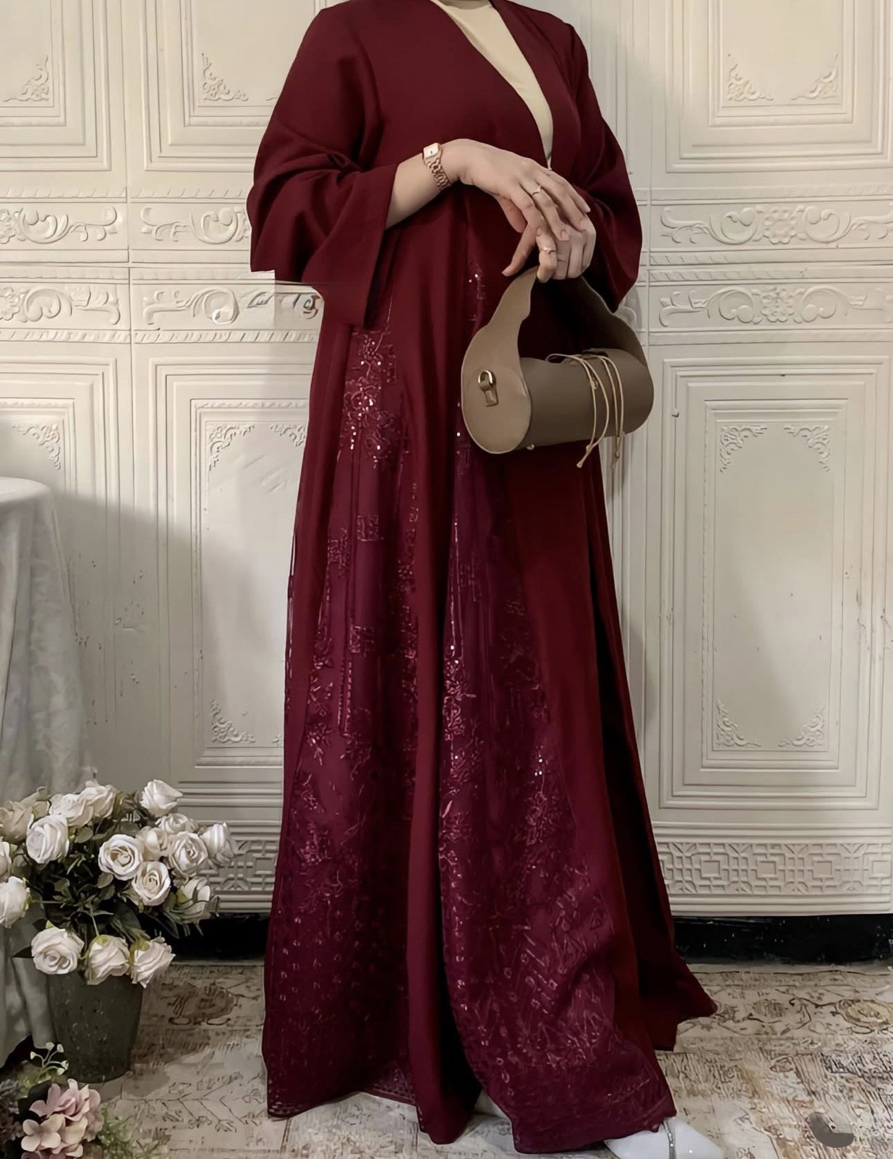 Royal Burgundy Lace Abaya bella_0