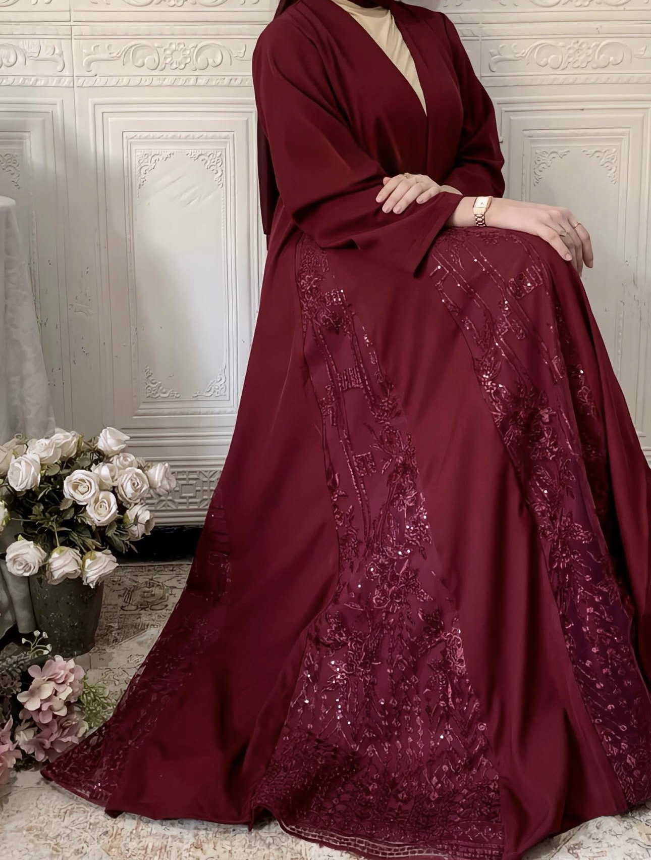Royal Burgundy Lace Abaya bella_2