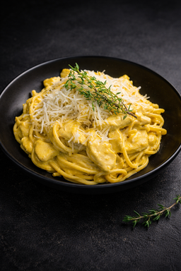Pasta en salsa de curry con pechuga de pollo en láminas y parmesano