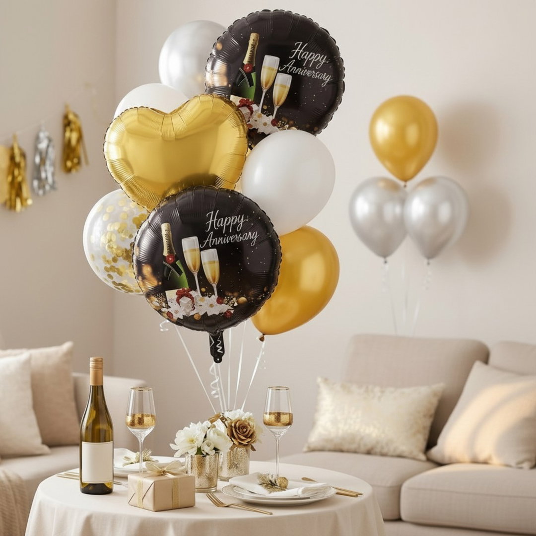 Happy Anniversary Balloon Decoration Kit - 8 Piece Golden Silver White with Images on Balloon Bouquet with Sequin, Round Foil & Printed Anniversary Balloons