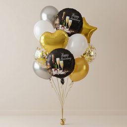 Happy Anniversary Balloon Decoration Kit - 8 Piece Golden Silver White with Images on Balloon Bouquet with Sequin, Round Foil & Printed Anniversary Balloons