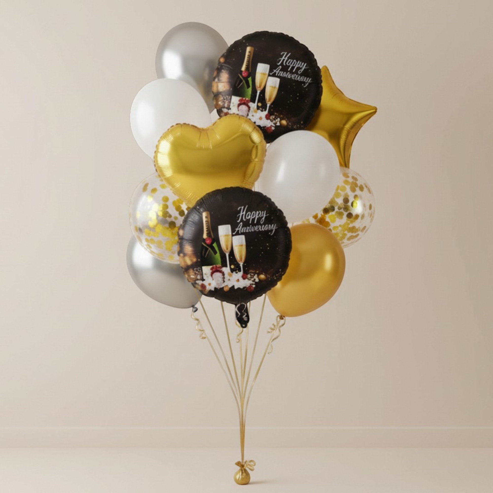 Happy Anniversary Balloon Decoration Kit - 8 Piece Golden Silver White with Images on Balloon Bouquet with Sequin, Round Foil & Printed Anniversary Balloons_5