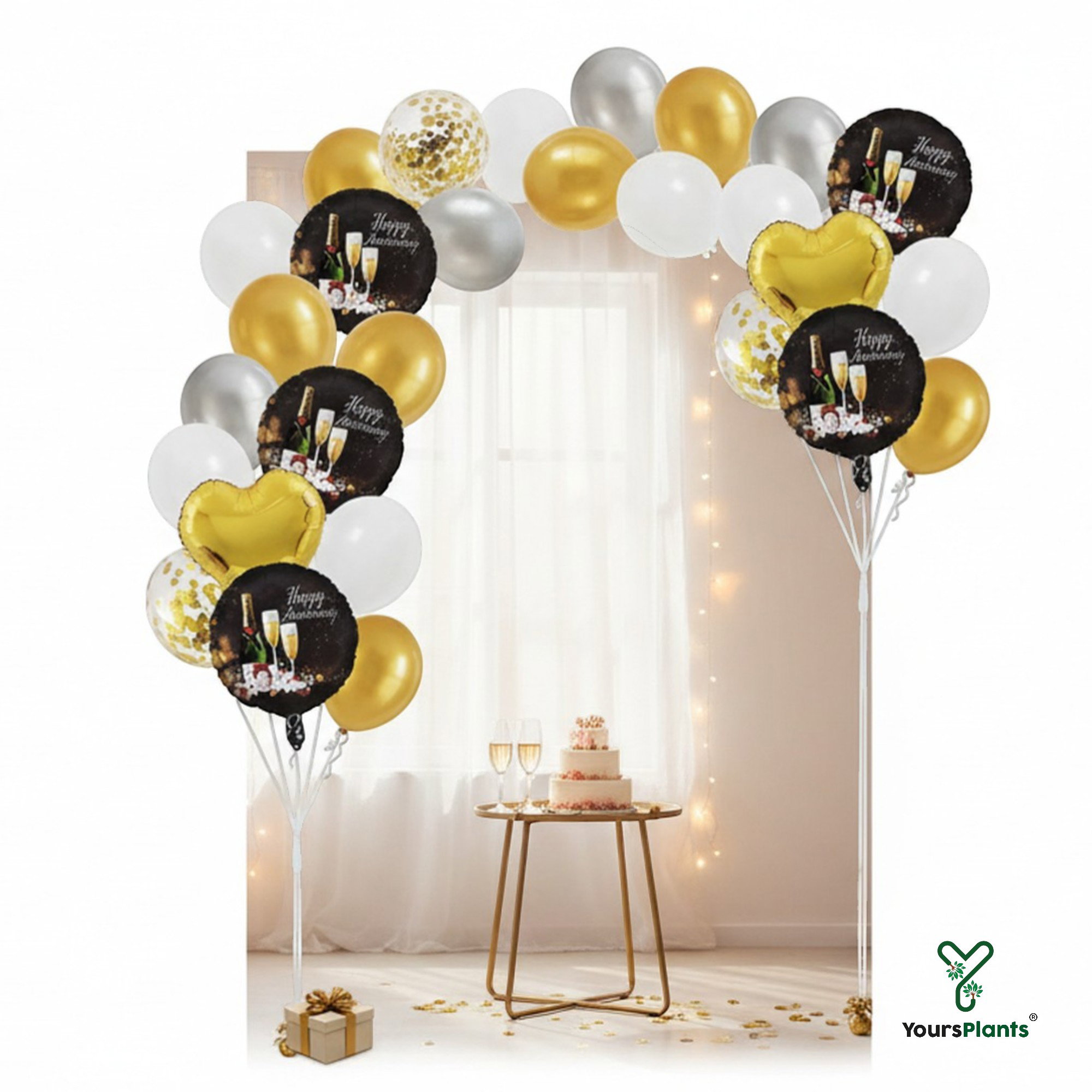 Happy Anniversary Balloon Decoration Kit - 8 Piece Golden Silver White with Images on Balloon Bouquet with Sequin, Round Foil & Printed Anniversary Balloons_4