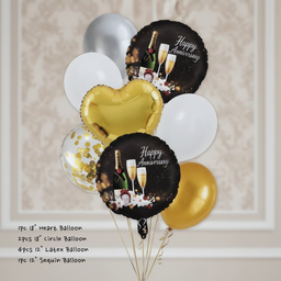 Happy Anniversary Balloon Decoration Kit - 8 Piece Golden Silver White with Images on Balloon Bouquet with Sequin, Round Foil & Printed Anniversary Balloons