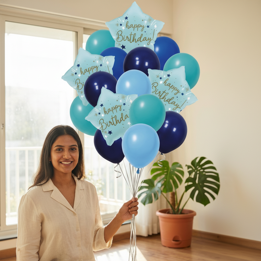 Happy Birthday Balloon Decoration 16pcs Kit - 4pcs 18" Star Foil Balloons & 12pcs 12" Blue & Teal Latex Balloons - Premium Helium/Air Grade Party Bouquet_3