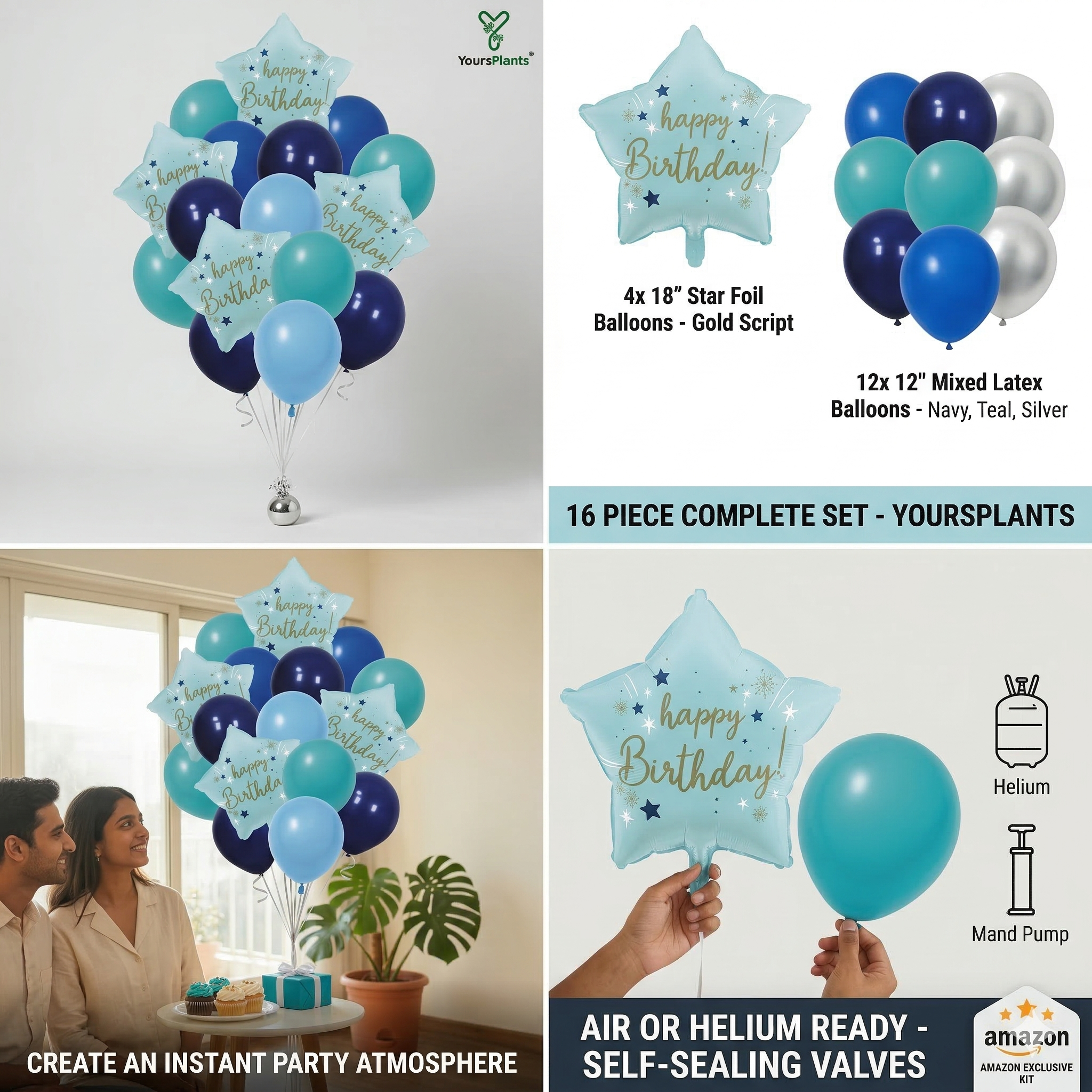 Happy Birthday Balloon Decoration 16pcs Kit - 4pcs 18" Star Foil Balloons & 12pcs 12" Blue & Teal Latex Balloons - Premium Helium/Air Grade Party Bouquet_1