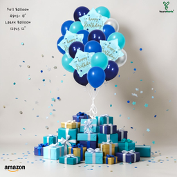 Happy Birthday Balloon Decoration 16pcs Kit - 4pcs 18" Star Foil Balloons & 12pcs 12" Blue & Teal Latex Balloons - Premium Helium/Air Grade Party Bouquet